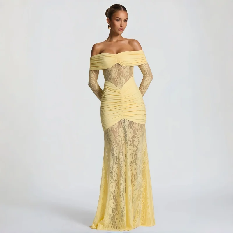 

Sexy Off The Shoulder Lace Maxi Dress, Long Sleeve Sheer Bodycon Dress, Backless Ruched Waist Party Evening Gown For Women