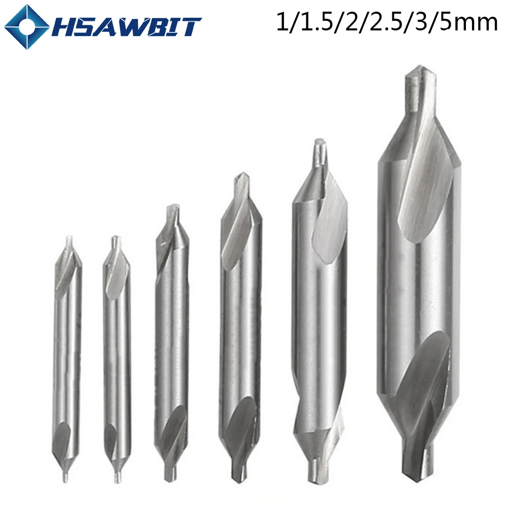 Brocas centrales combinadas de acero inoxidable, 5/6 piezas, 1,0-5mm, avellanado de 60 grados, juego de brocas de centrado de Metal