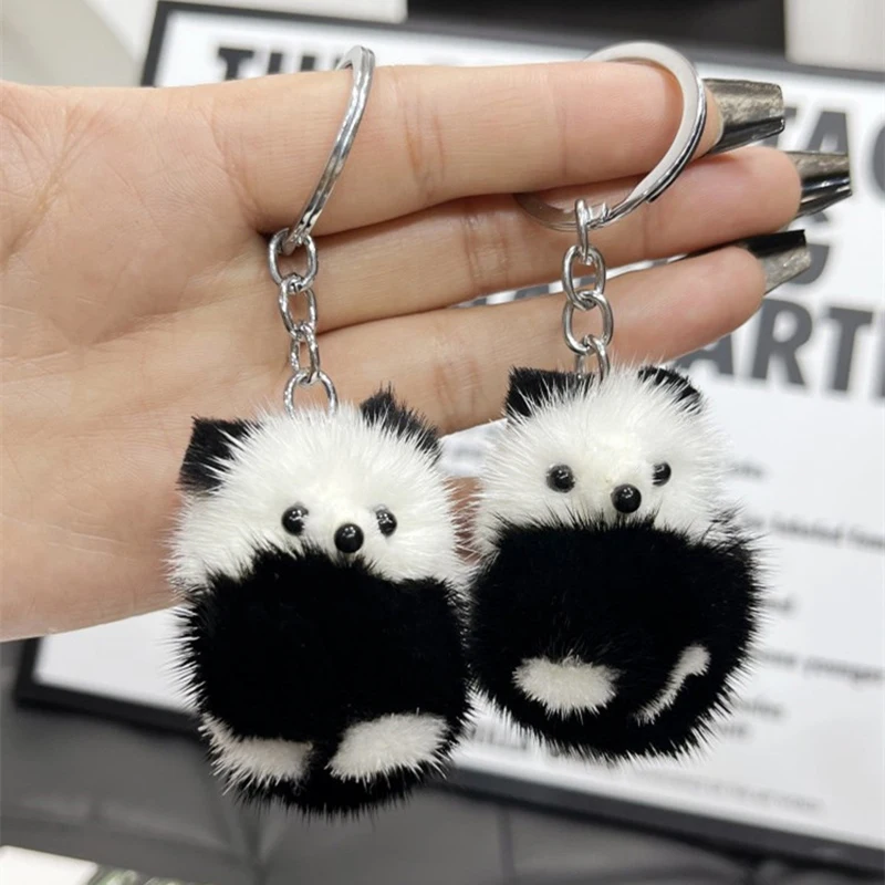 2PC Mink Panda Key Chain Bag Charm Creative Cute Black And White Panda Mobile Phone Bag Plush Keychain Bag Accessories