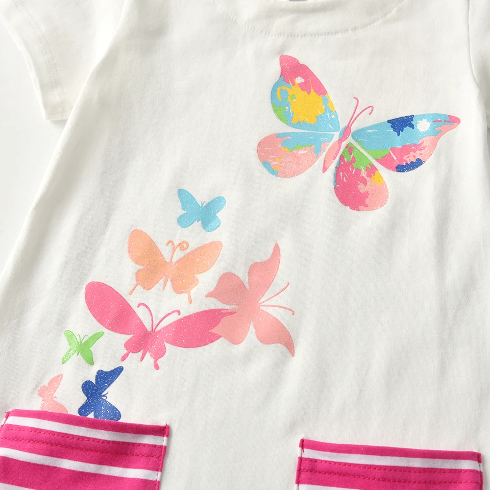 DXTON Summer Children Dresses For Girls Short Sleeve Kids Dresses with Pocket Butterfly Printed Girls Casual Cotton Clothing