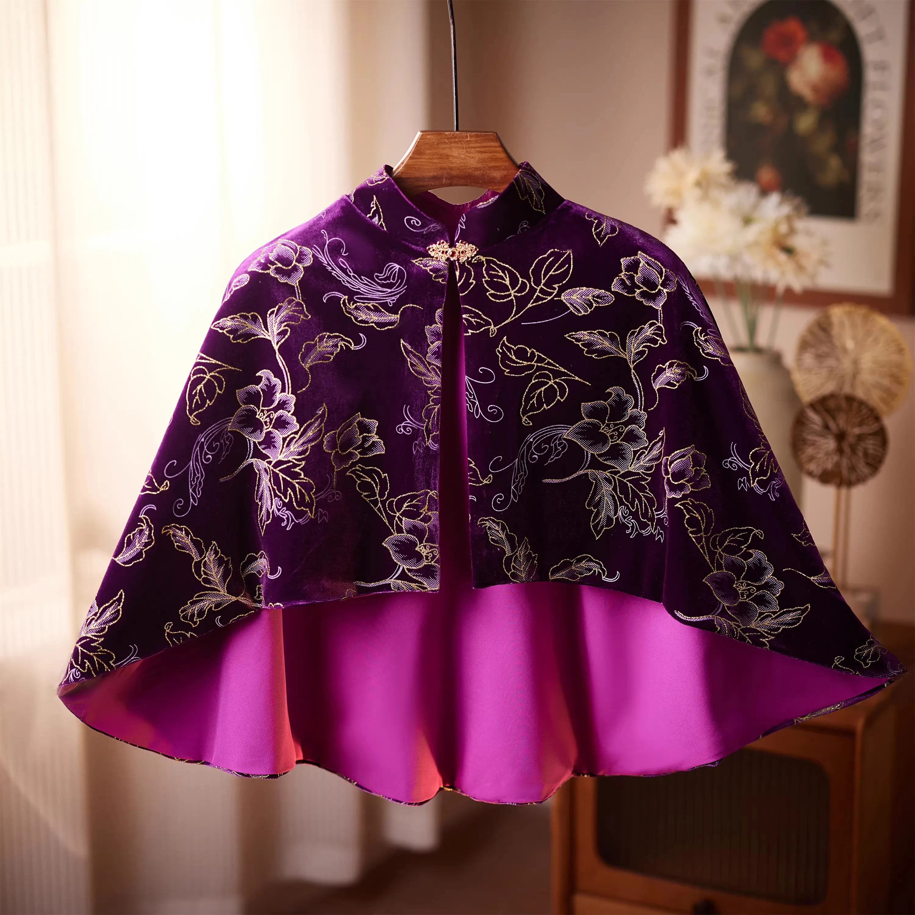 

Women's Spring Autumn Vintage Purple Velvet Print Pashmina Female China Style Show Shawl Cloak Winter Velvet Collar R2658