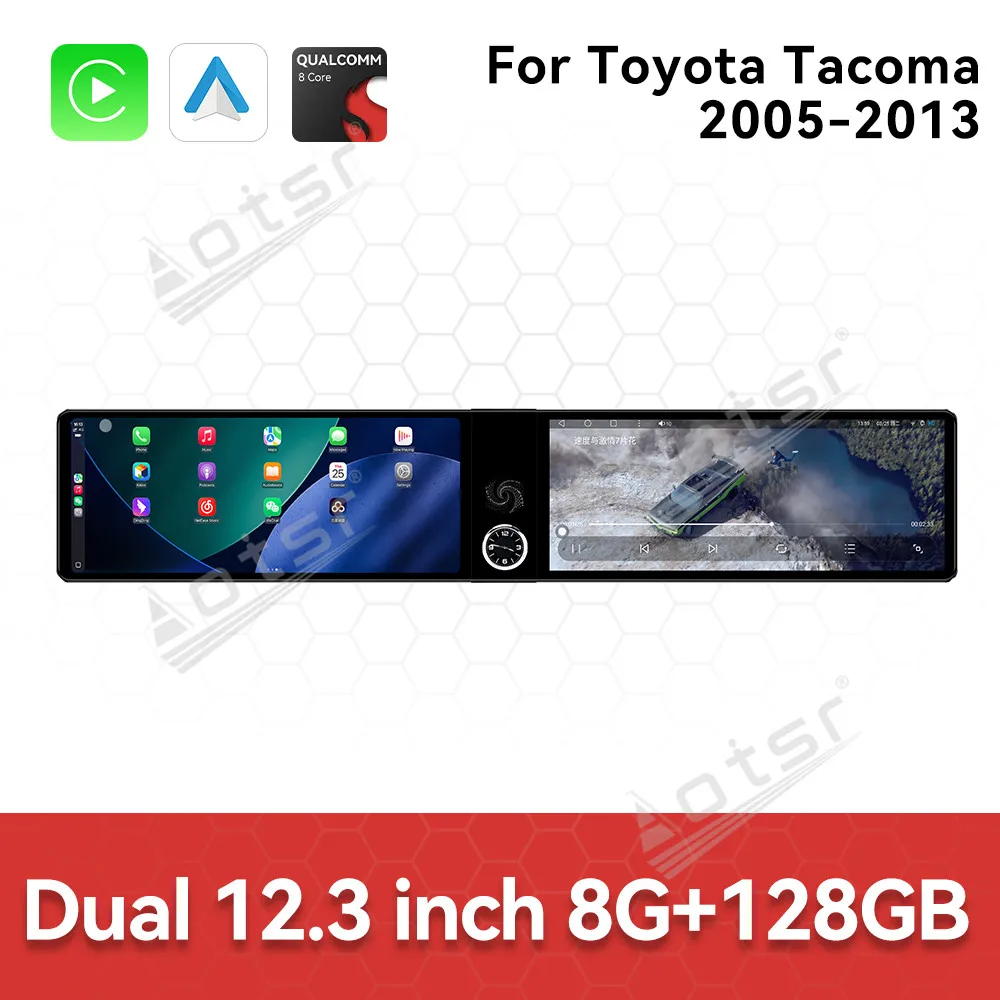 

Двухэкранный сенсорный мультимедийный проигрыватель 12.3'' на Android 13 с функцией Plug & Play для Toyota Tacoma 2005-2013, GPS-навигация, стереосистема