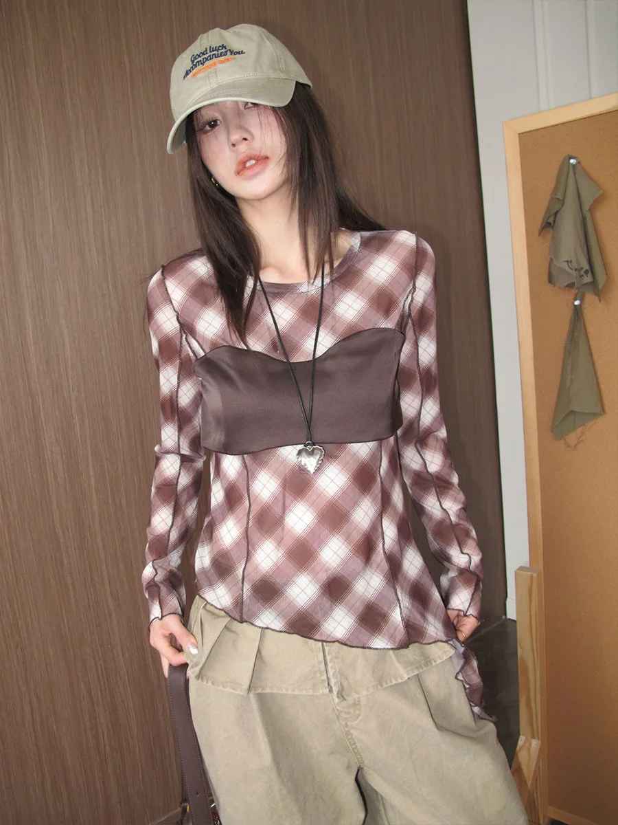 

Женская футболка в стиле ретро с цветными блоками и клетчатым узором, осенняя новинка, коричневая, с эффектом винтажа