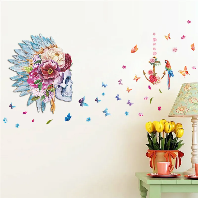 Floral Skeleton Skull Head Butterfly Birds Pattern Wall Art Stickers For Shop Office Halloween Home Decoration 3d Pvc Decal