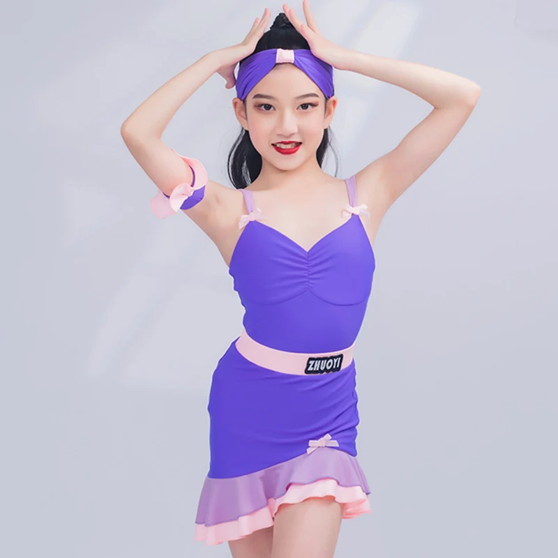 

New Purple Latin Dance Costume Girls Performance Suit Suspender Tops Skirt Kids Group Wear Cha Cha Samba Dance Dresses DNV19389