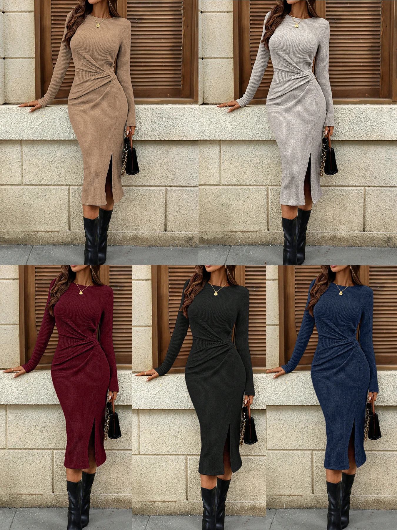 Women's Solid Color Long Sleeve Midi Dress, Round Neck, Twisted Waist, Slit Hem, Casual Straight Dress for Autumn Office Wear