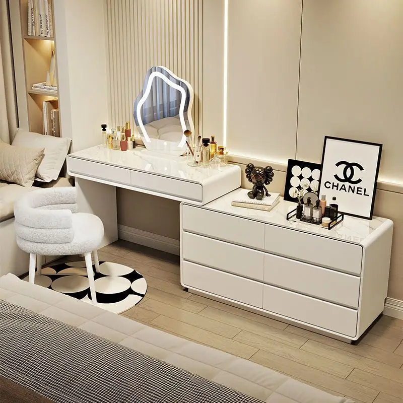

solid wood rock slab dresser modern simple bedroom princess style French cabinet integrated dressing table