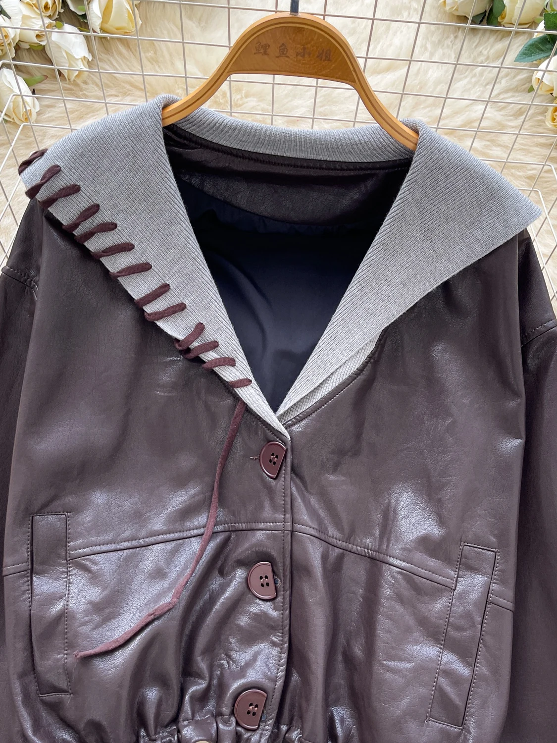 

Faionable Retro Korean Design Navy Collar Leather Jaet Women's Loose Slimming Casual Dstring ort Top