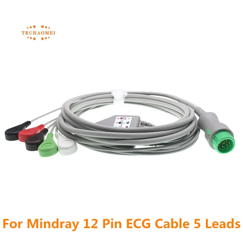 12 Pin For Mindray ECG Cable One Piece 5 Leadwires and 3 Leads Snap or Grabber AHA Standard Veterinary Clip Beneview T5 T6 T8