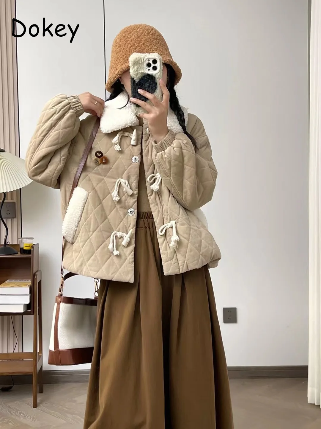 Japanese Mori Girl Kawaii Corduroy Cotton Jacket Women Vintage Ruffled Y2k Trendy Lolita Parkas Winter Plush Warm Casual Outwear