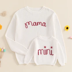 Suefunskry Family Matching Sweaters 1PC Mommy and Me Letter Embroidery Knitwear Long Sleeve Round Neck Warm Pullover Tops