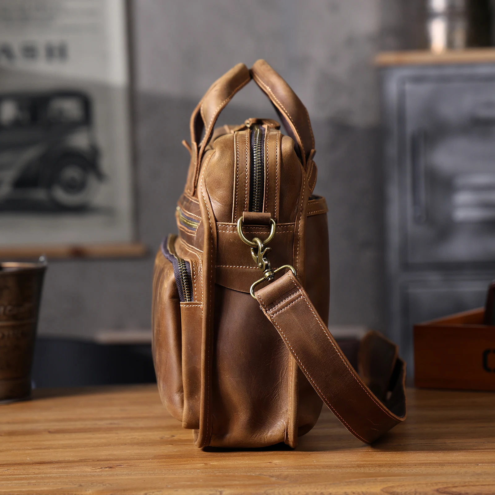 Vintage Echtleder Herren-Aktentasche 14" Laptop-Tasche Crazy Horse Leder Messenger-Handtasche Rindsleder Geschenkidee für Männer – Detail 24