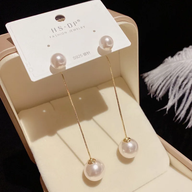 

Korean Exquisite Imitation Pearl Tassel Drop Earring For Women Long Ear Line Geometric Earring Jewelry