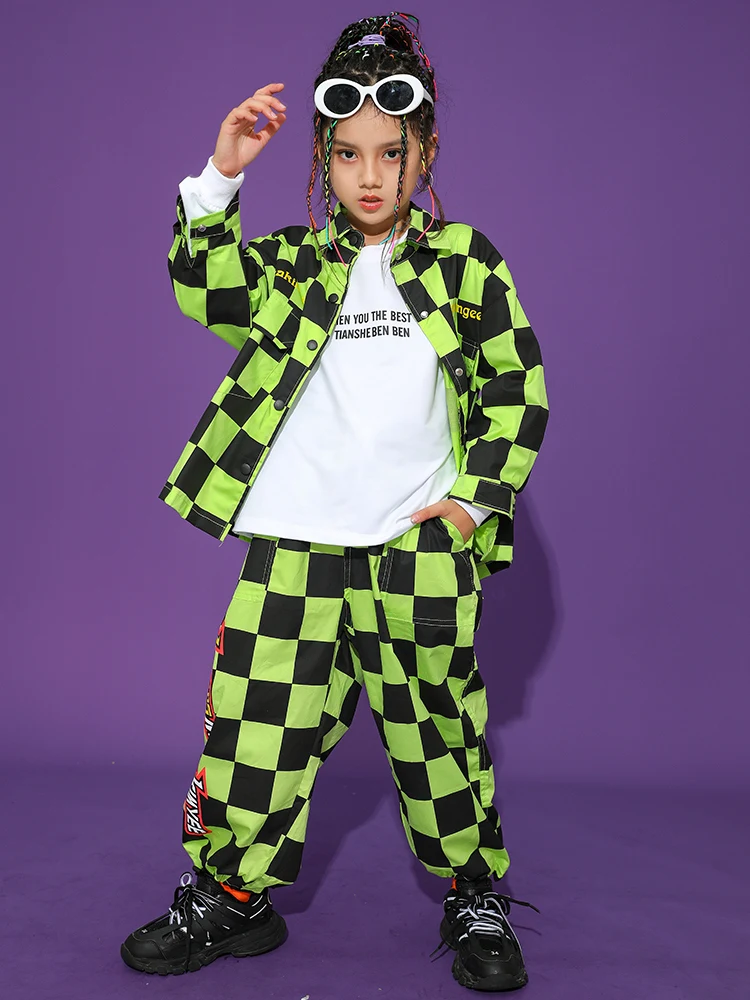 Fashion Kids Costume Green Checked Shirt Pants For Girls Jazz Dance Costume Hip Hop Clothing Boys Stage Performance Wear  BL9900