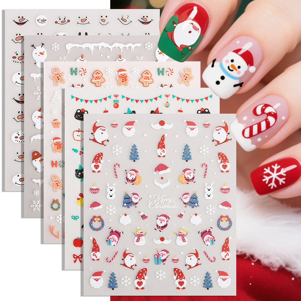 

New Christmas Decorations Nail Art Stickers Press on Nails Snowman Snowflake Christmas Tree 3D Nail Decals Supplies Decoration