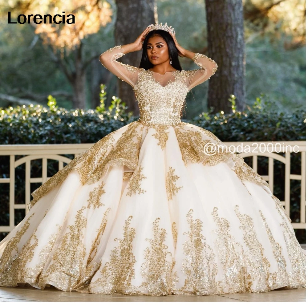 Maßgeschneidertes Glitzer-Langarm-Quinceanera-Kleid, Ballkleid, goldene Spitze, Perlenstickerei, Korsett, Sweet 16, Vestidos de 15 Años YQD975