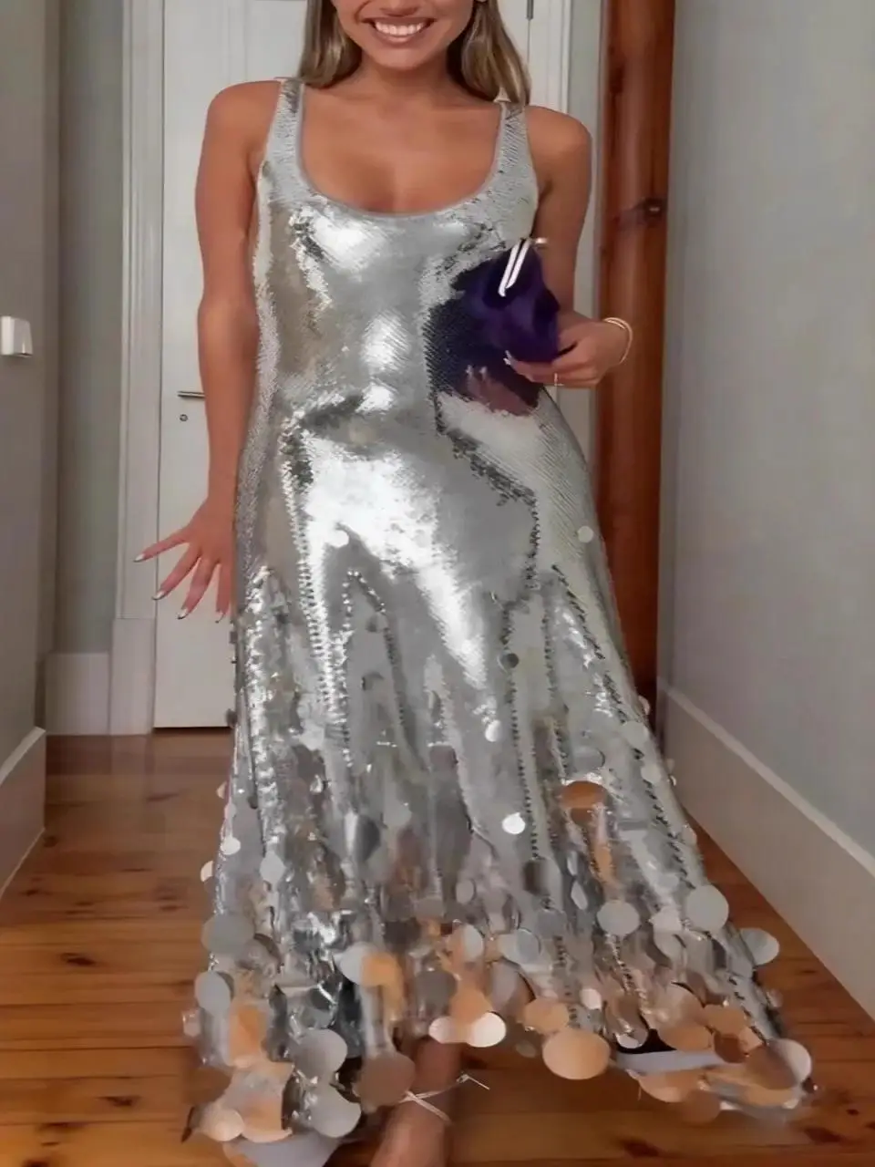 

Sexy Sequin Dr Women's Cusizable Strap Long Evening Gown Silver mid Waist Svel for Par Wedding Date Performance