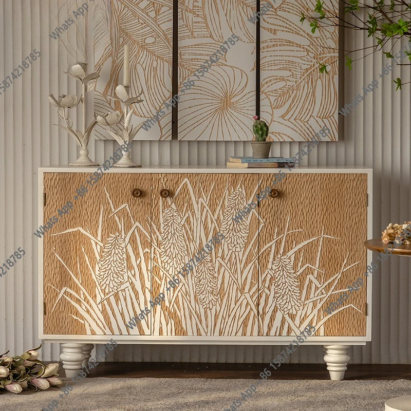 Wabi-sabi style solid wood carved sideboard, plant stamens pattern sideboard, entrance hallway, aisle cabinet, American decorati