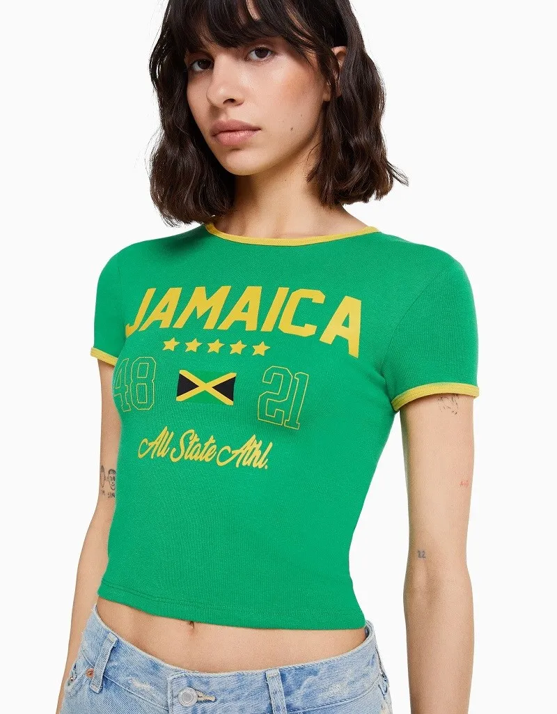 Aesthetic Women\'s JAMAICA Letter Printed Gothic Cut Top Street Wear Baby T-shirt Retro Casual Short Sleeve T-shirt Y2k Clothing