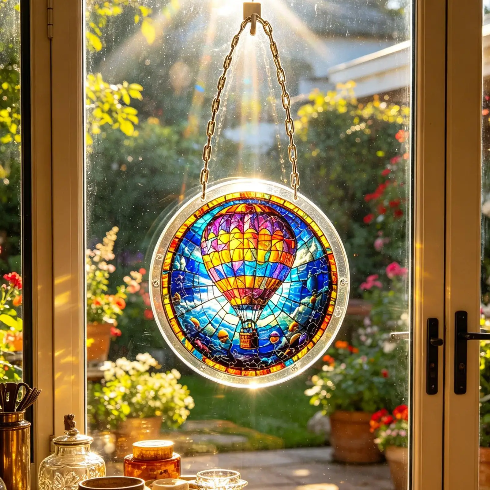 Window Suncatcher 82 Pieces Imitation Stained Glass Rainbow Maker Hot Air Balloon Pattern Window Suncatcher Art Kit For Home