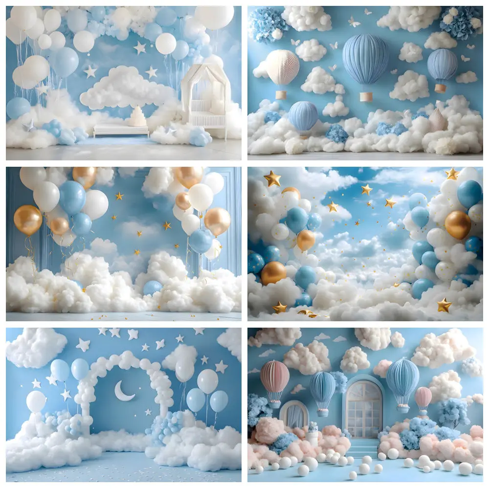 

Newborn Baby Birthday Party Photography Backdrops Blue Clouds Moon Stars Baby Shower Cartoon Decor Background Photo Studio Props