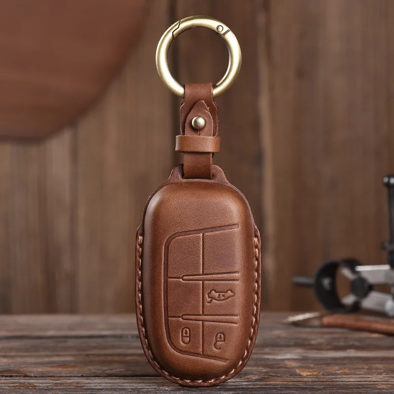 

Car Key Case Cover Leather Fob 3 Button Holder for Jeep Grand Cherokee Chrysler 300C Renegade Fiat Freemont 2018 Keyring Shell