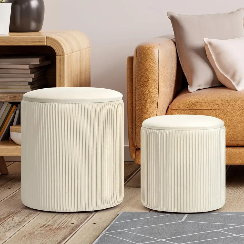 

Ottoman with Storage, 2 Set Round Ottoman Velvet Vanity Stool, Storage Ottoman for Bedroom Living Room, Modern Multifunctional C