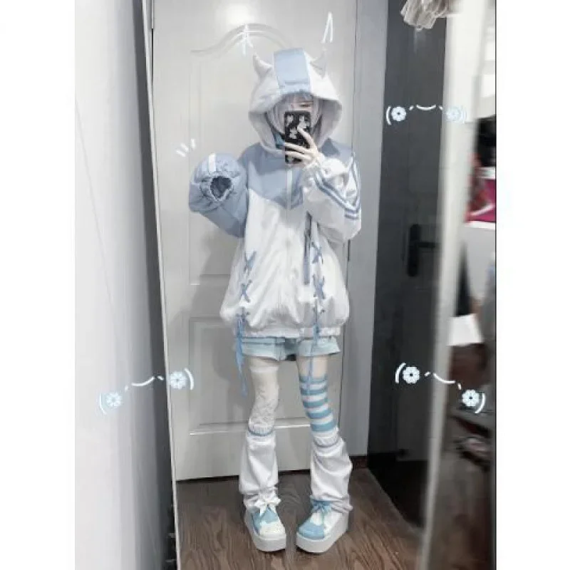 Harajuku New Outdoor Apparel Strap Japanese Women's Zipper Hoodie Aqua Casual Fashion Plus Size Kawaii Top