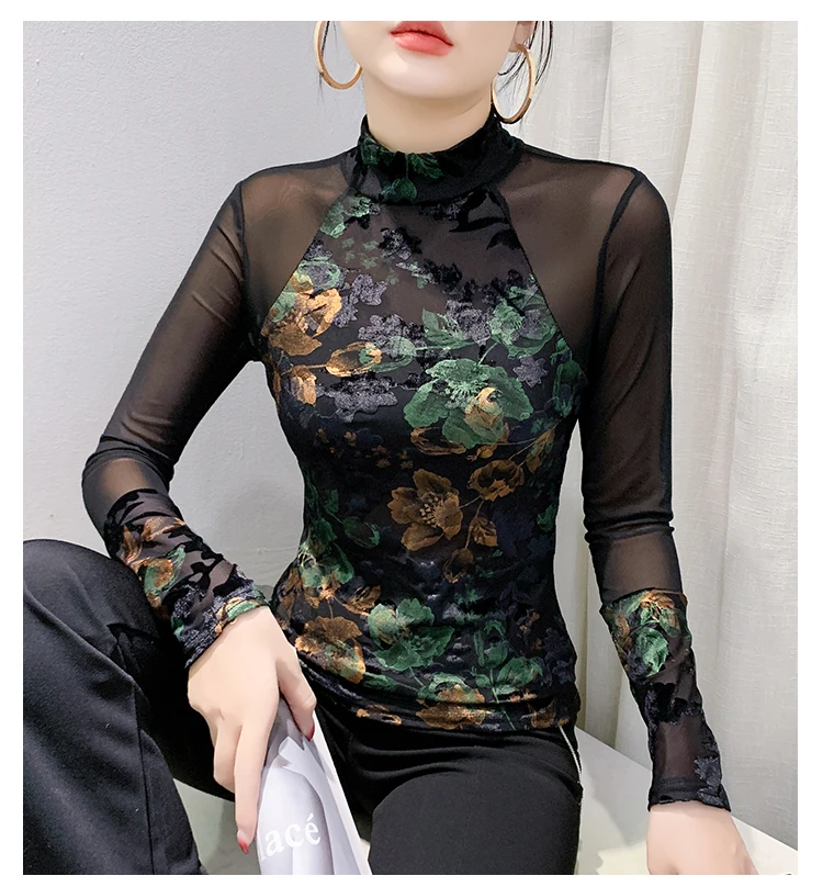 

Elegant Mesh Long Sleeve T Shirts Women Autumn Slim Fit Sexy High Neck Tops