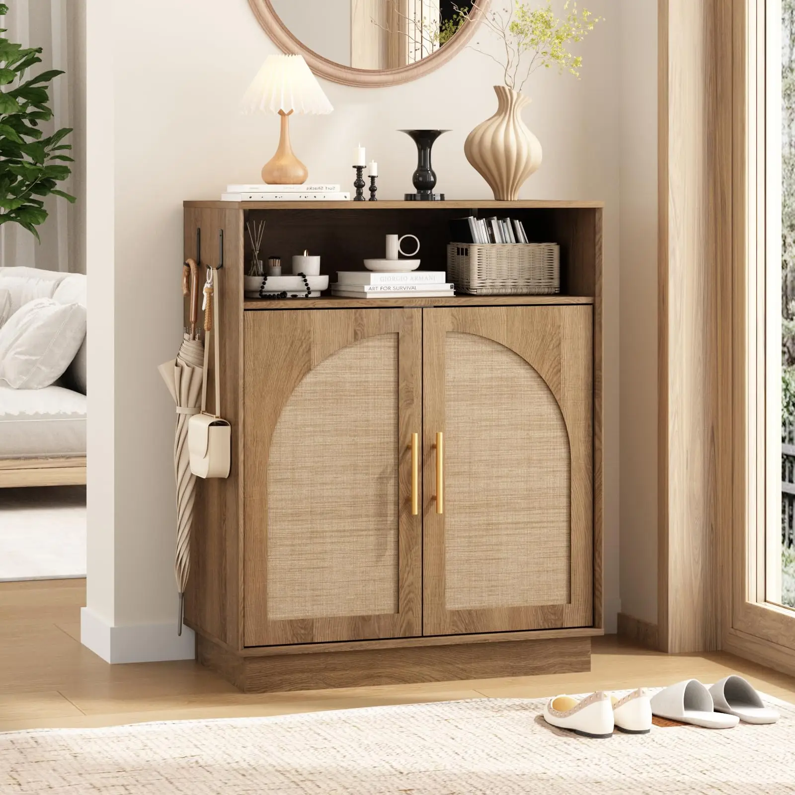 Rattan Shoe Storage Cabinet with 2 Arched Doors