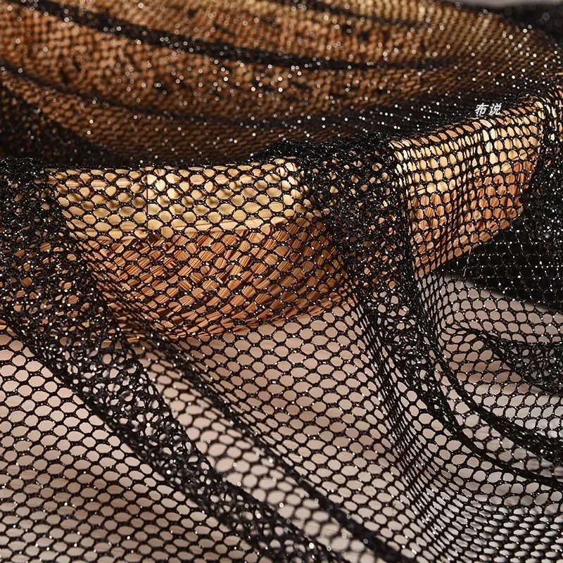 Net Fabric Black Woven Silver Thread Woven Gold Thread Sparkling Elastic Perspective Arts Crafts Sewing Wholesale Cloth Material