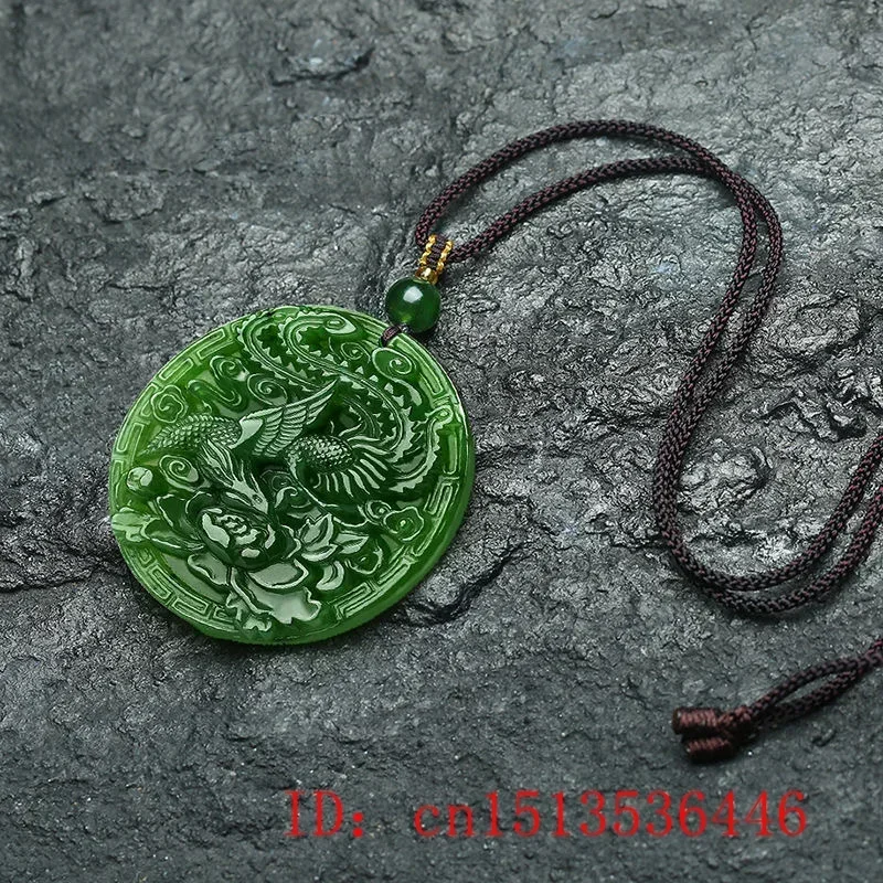 Natural Verde Hetian Jade Stone Dragon Phoenix Colar de Pingente, Esculpido Jadeite Chinês Jóias, Charme Amuleto Reiki, Presente para Mulheres e