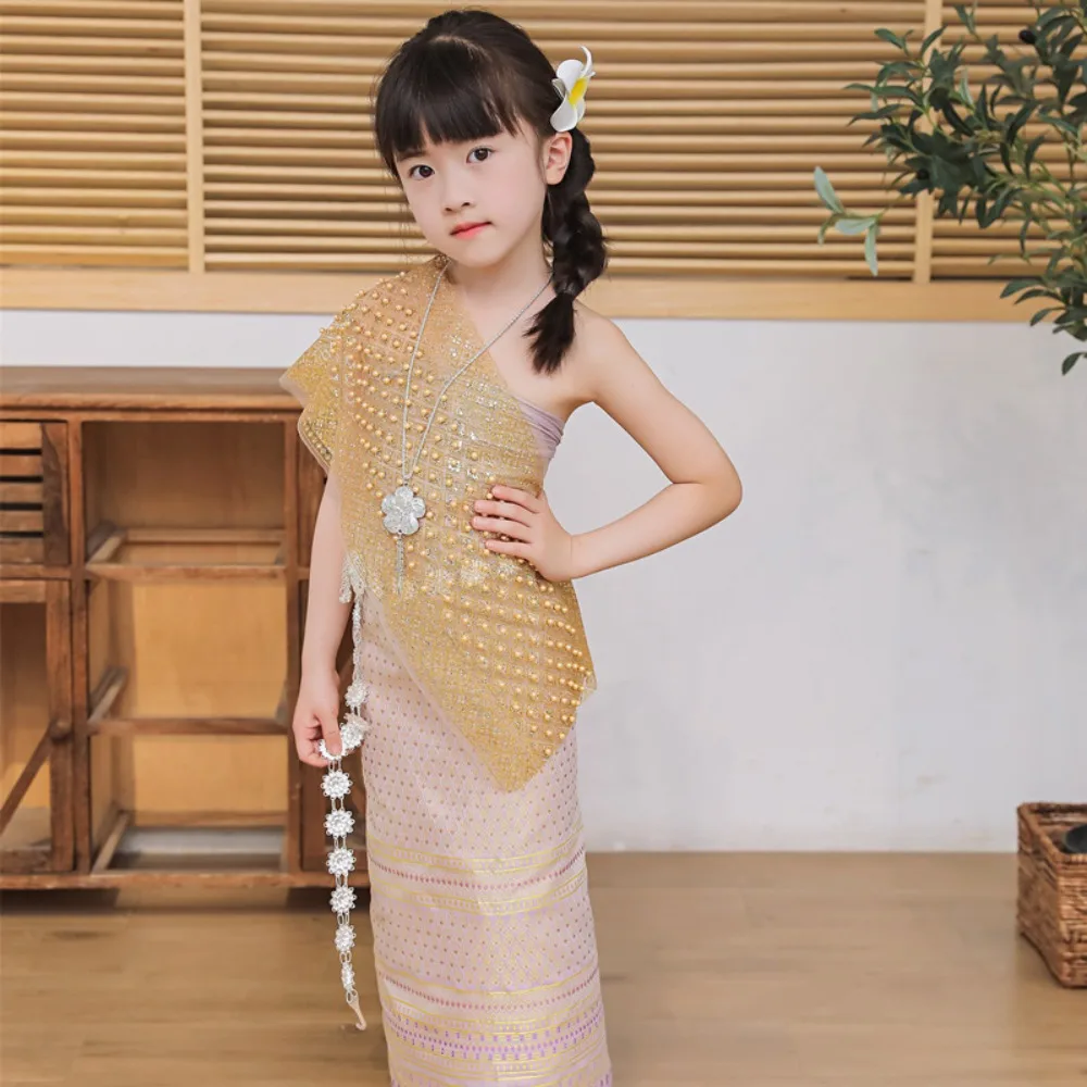 Thailand Style Dai Festival Costume Long Skirt Ethnic Thai Traditional Costume Waist Chain Necklace Thailand Suit Top Skirt
