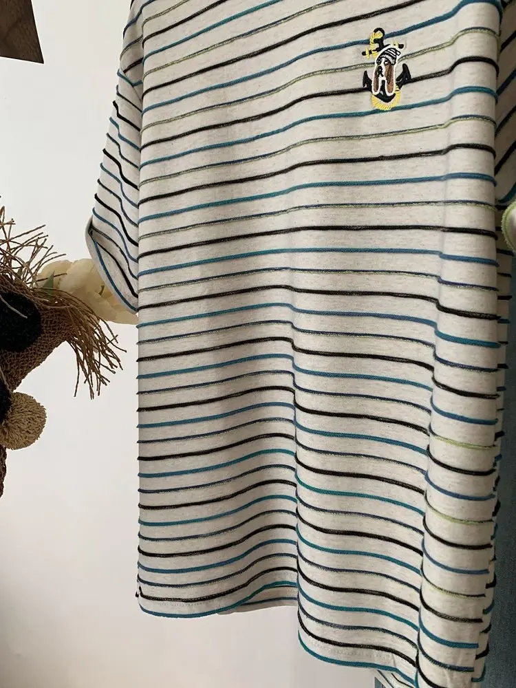 T-shirt Estiva da Donna Taglia Extra Large 300 Pou Anti-Invecchiamento con Ricamo a Righe Colorate