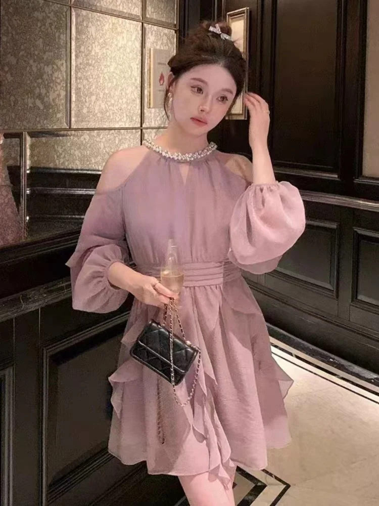 

Purple Halter Neck Dress Women Autumn Off Shoulder Elegant Ruffles Lantern Sleeve Beading Slim Vestidos Vintage Chic Party Robe