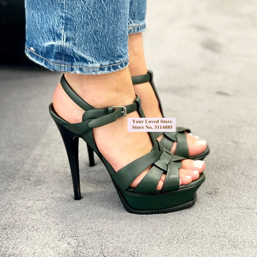 Designer Dark Green Matte Strappy Platform Sandals Women Stilettos T-Strap Hollow Out Open Toe Buckle Summer Dress Shoes Size43