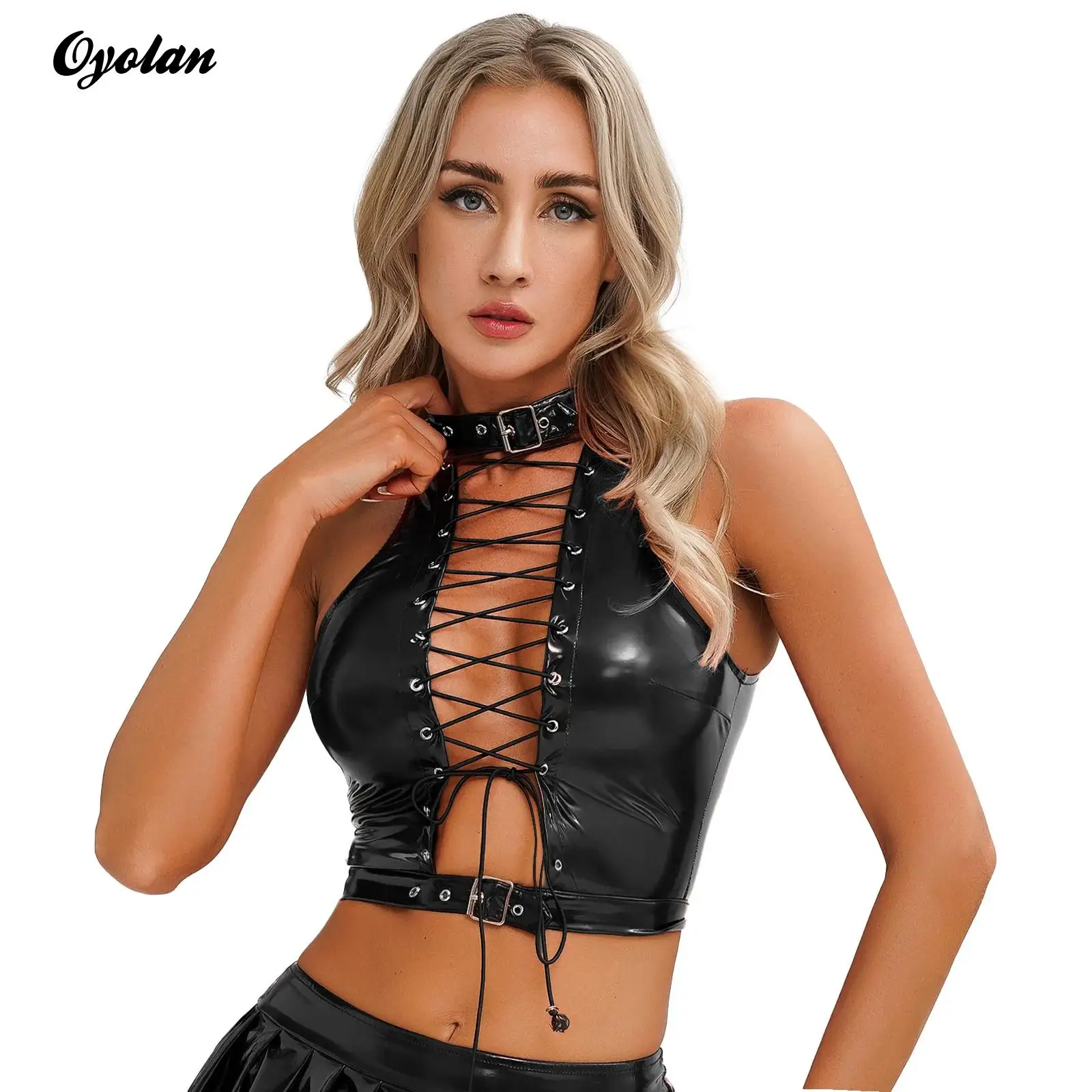 Womens Patent Leather Gothic Corset Crop Top Hollow Out Eyelet Lace-Up Vest Wet Look Clubwear y2k Clothes Gothic Punk Costumes
