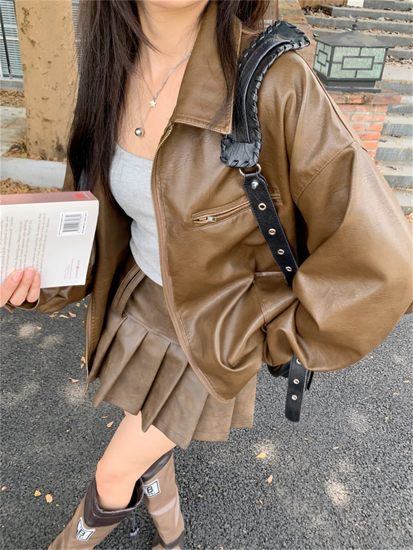 PLAMTEE OL Jackets Women Chic Loose Faux PU Fashion Casual 2023 Autumn Locomotive Daily Office Lady Slim High Street Coats