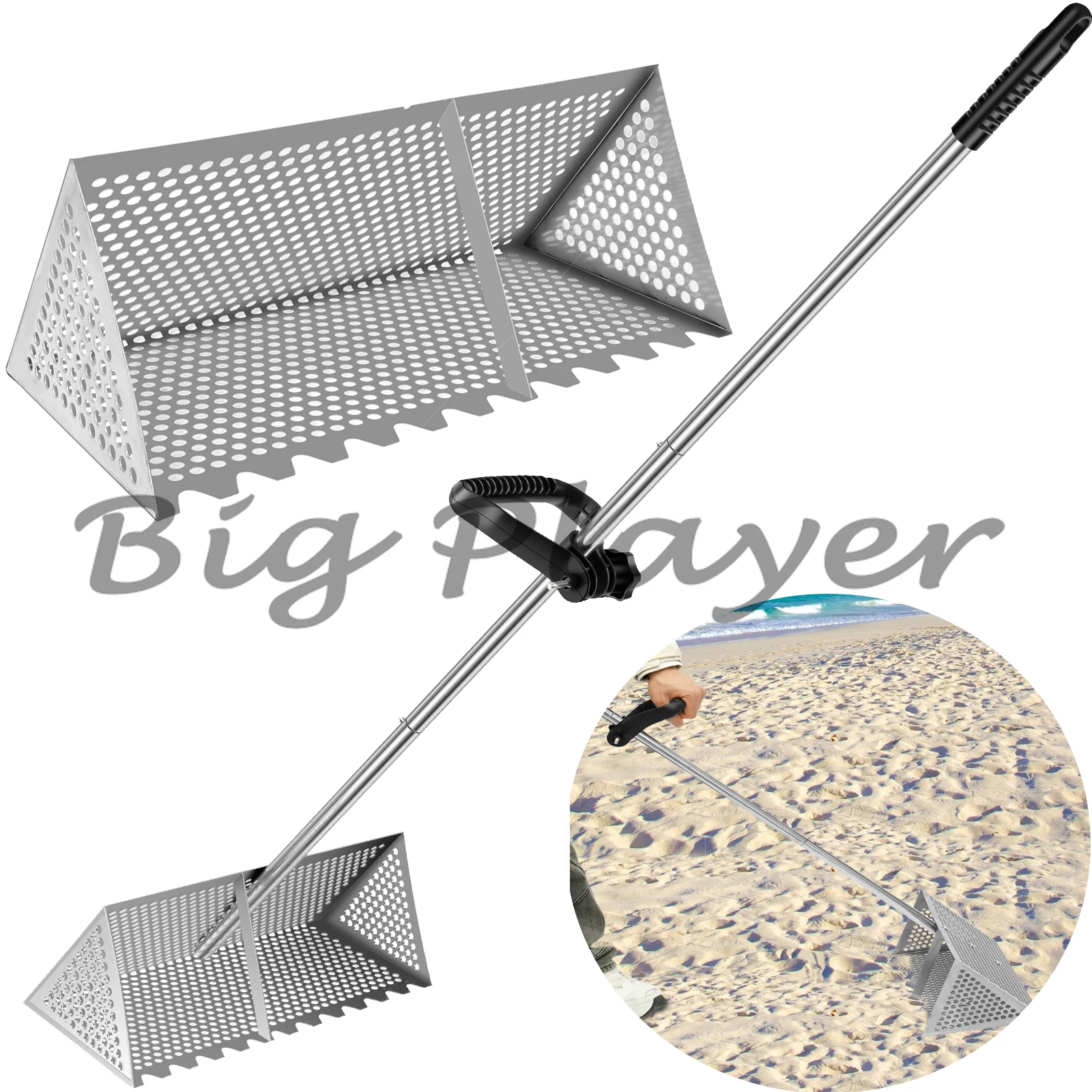 Beach Sand Filting Rake Stainless Steel Basket Sifter Beach Shovel Detachable 52inch Long Handle Sea Rake Tool