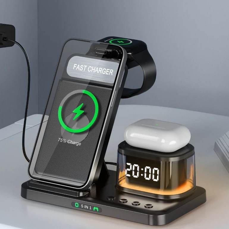 

Folding 5 in 1 Wireless Charger Suitable for Phone Watch Multifunctional Charging Stand Smart Clock Night Light