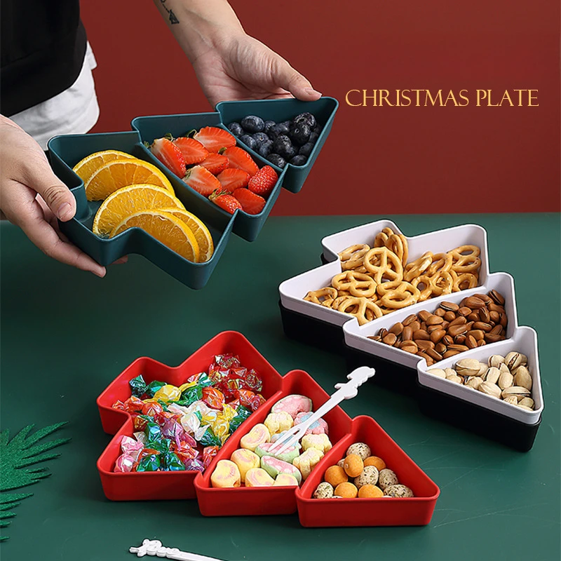 1/3/5PCS Christmas Tree Candy Snack Tray with Sections Plastic Serving Plate for Nuts Dry Fruits Breakfast Home Decor