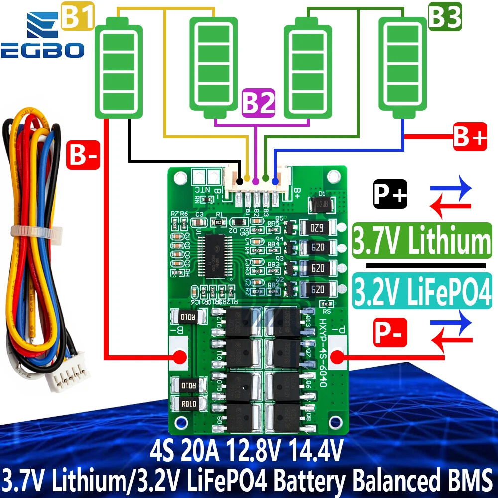 4S 20A 12.8V 14.4V 32650 32700 Lifepo4 Battery Balanced BMS for Electric Boat Uninterrupted Power Supply 12V Car Battery