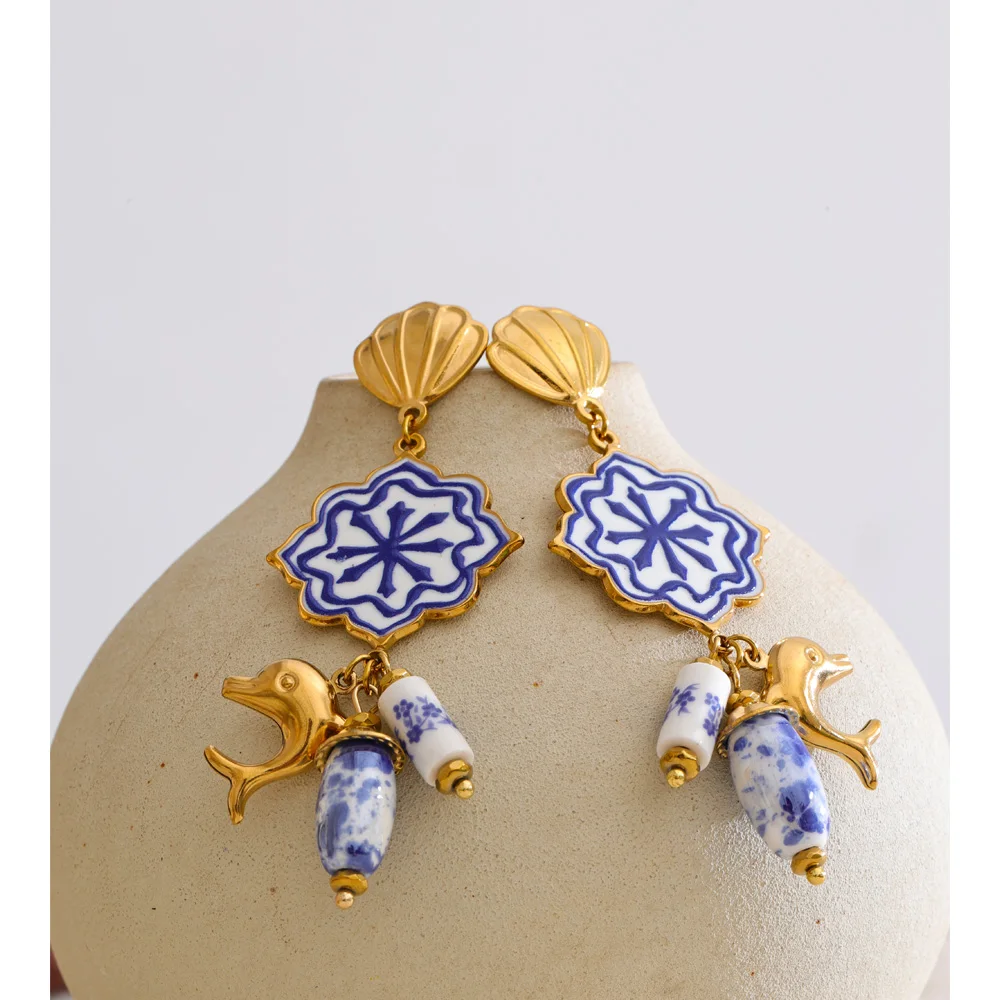 Yhpup Ocean Series Stainless Steel Blue Enamel Ceramic Shell Dolphin Drop Charm Earrings Exquisite Fashion Fresh Summer Jewelry