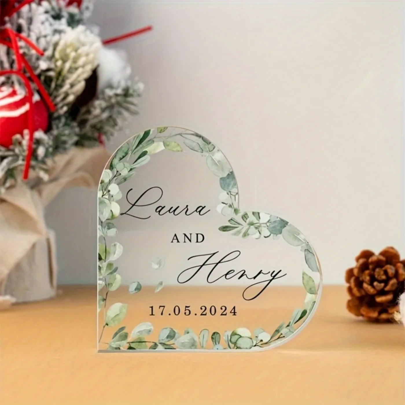 2D Flat Acrylic Display Board, Custom Name & Date, Green Leaf Design, Wedding & Anniversary Decor (Only Decoration)