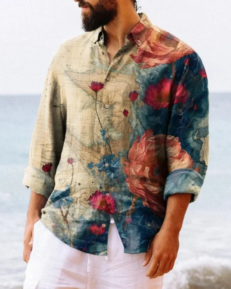 

2025 New Style New Shirt Men's Casual Hawaiian Style Beach Linen Long Sleeve Shirt Comfortable Breathable Oversized Size XS-6XL