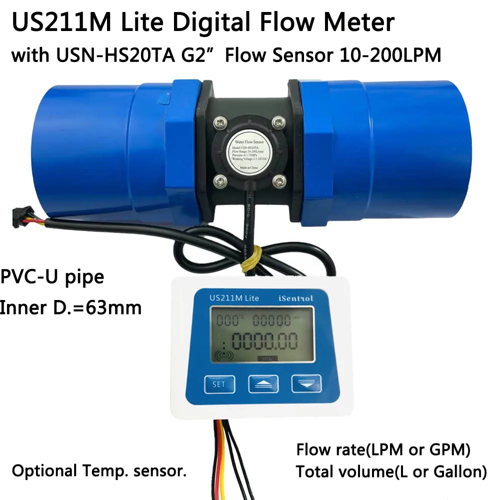 

Digital Flow Meter US211M Lite Flow Sensor USN-HS20TA 10-200L/min with PVC Pipe Adaptors Inner Diameter 63mm 5V Flow Reader