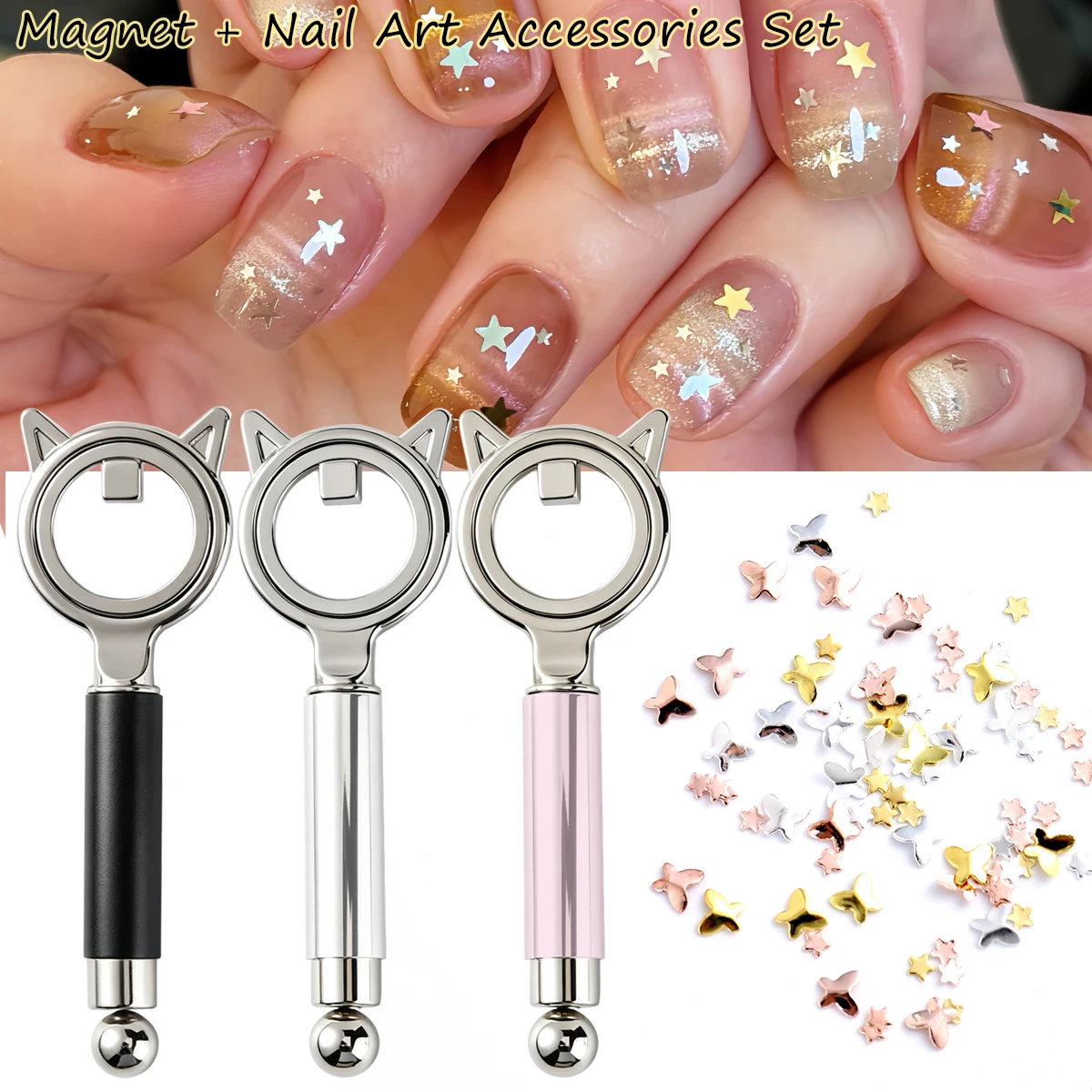 Hollow Cat-Eye Nail Art DIY Kit: features a cat-ear shaped ring magnet paired with butterfly and star charms—perfect for beginne
