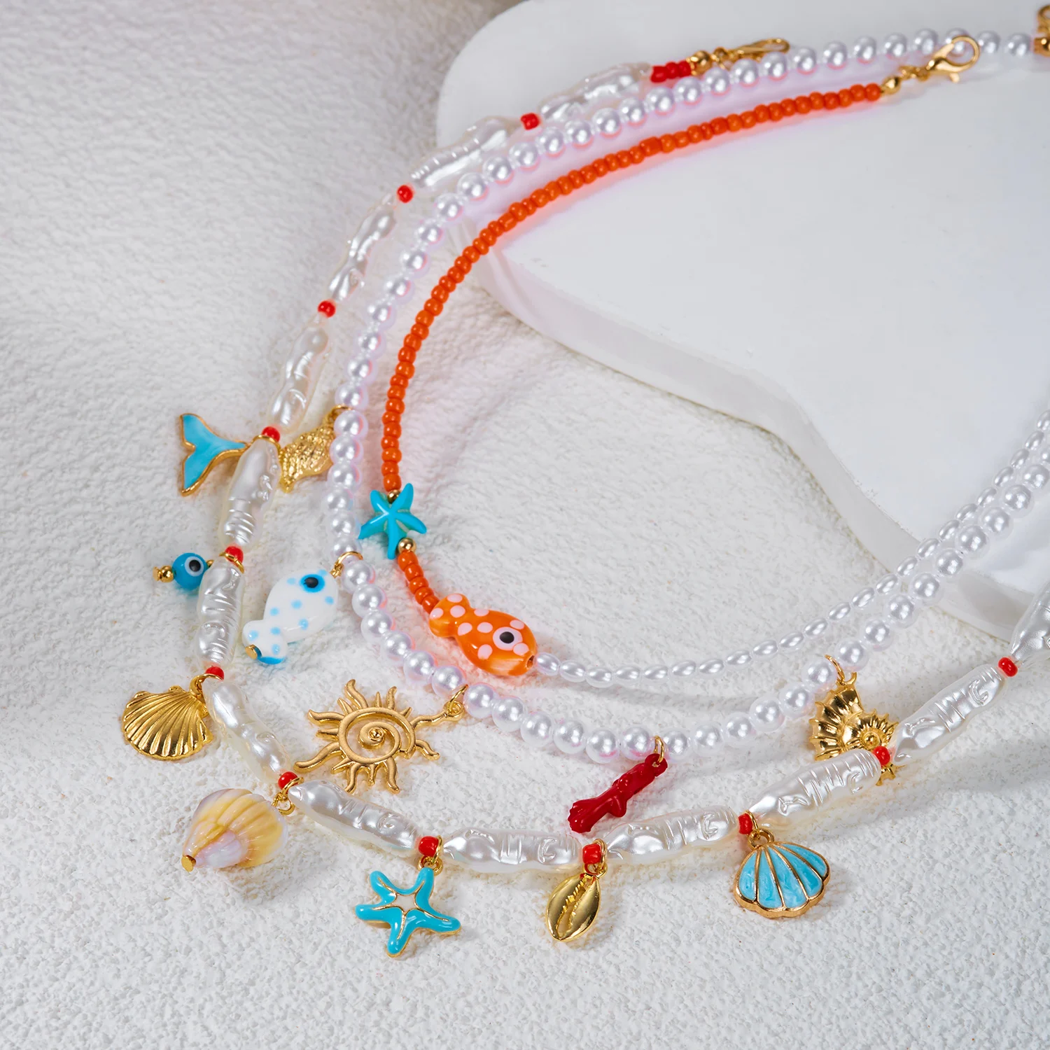 Boho Layered Pearl Shell Necklace Set for Women Ocean Starfish Fish Evil Eye Beaded Choker Summer Beach Stackable Neck Jewelry