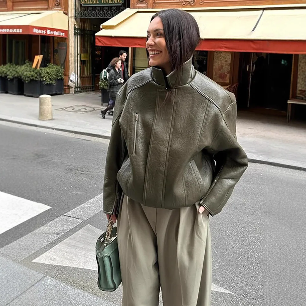 

Women Autumn Leather Jacket Army Green Stand Collar Zipper Pockets Vintage Coats For Women Minimalist Chic Street Female Outwear