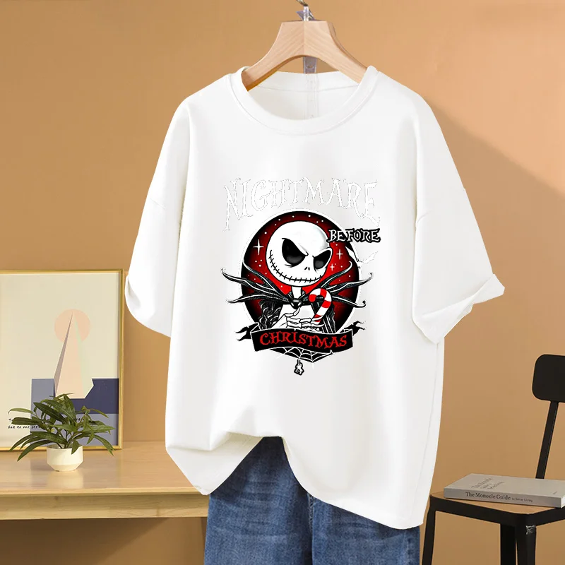 Disney Jack Skellington The Nightmare Before Christmas Couple Printed T-shirt Skull Leisure Sports Street Student T-shirt